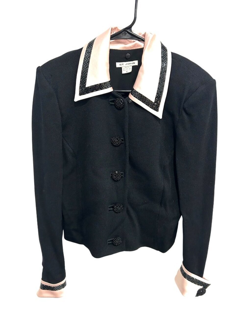 St. John 10 Black Knit Jacket Pink Satin Trim Beaded Buttons Old Money Heritage